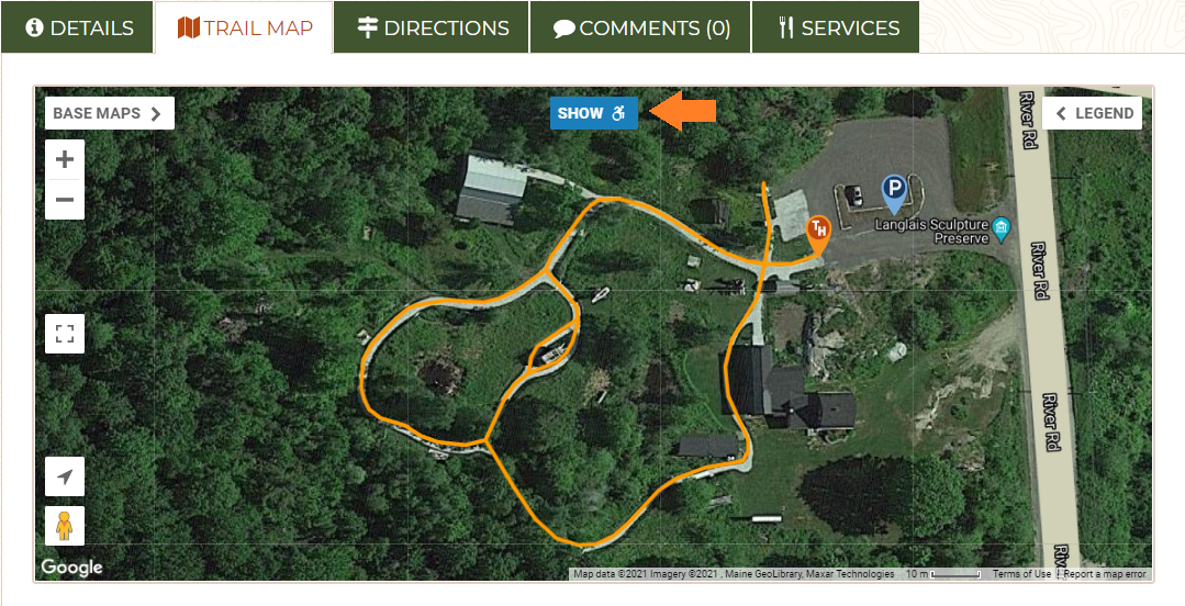 A screenshot of a trail map displays the Show Accessible trails button on the top of the map.