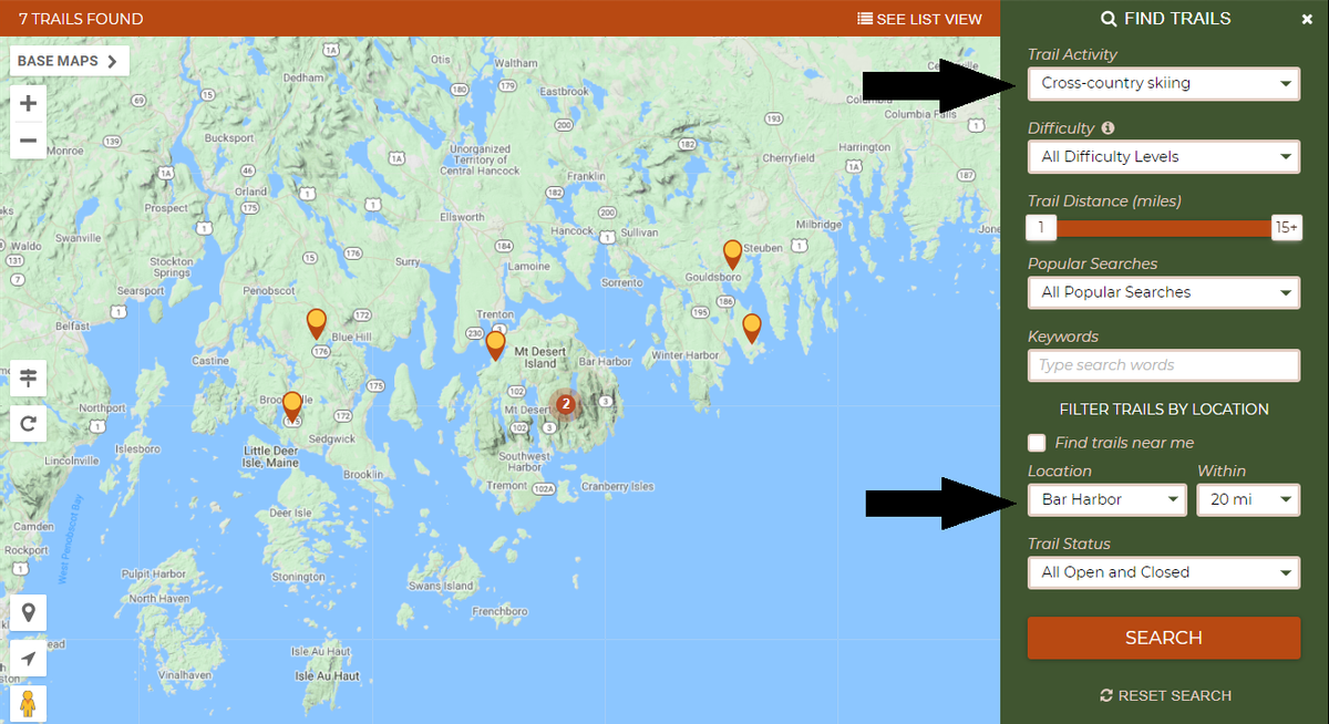 Maine Trail Finder allows you to search specifically for ski trails near a given location, which can help you find alternative adventures in case the parking at your first choice location is full.