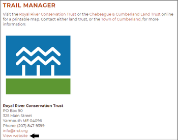 In Maine Trail Finder, find the contact information for the trail manager of a trail or trail network at the bottom of the DETAILS tab.
