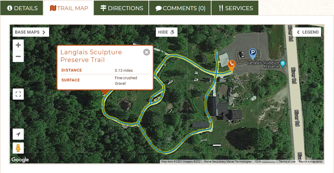 A screenshot of a map of a trail on Maine Trail Finder with the accessible portion highlighted and a pop up with trail details.