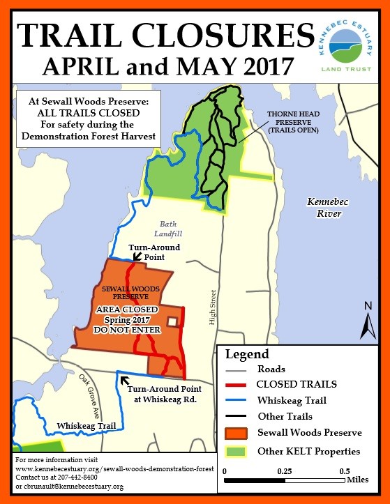 Temporary Trail Closures, spring 2017 (Credit: Kennebec Estuary Land Trust)