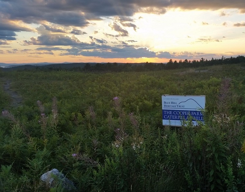 Sunset behind the Cooper Farm Preserve sign (Credit: Blue Hill Heritage Trust)