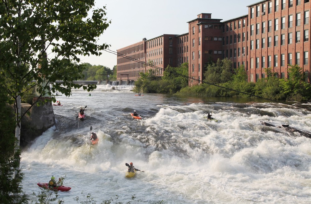 Whitewater kayakers enjoy Saccarappa Falls in Westbrook (Credit: Maine River Life)