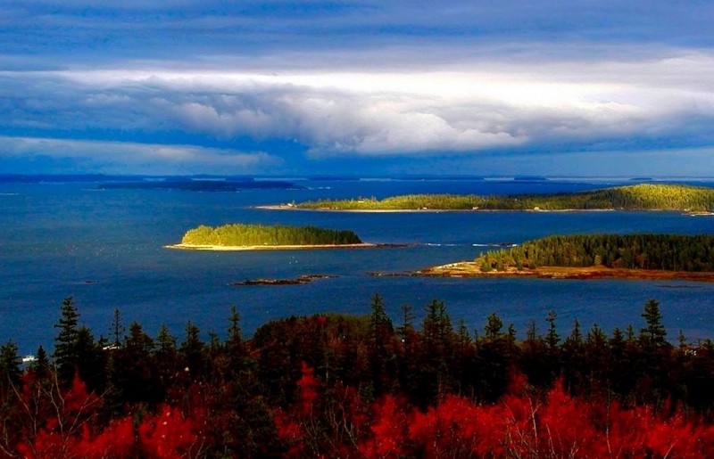 Fall storm over Greater Pleasant Bay (from the summit) (Credit: Downeast Coastal Conservancy)