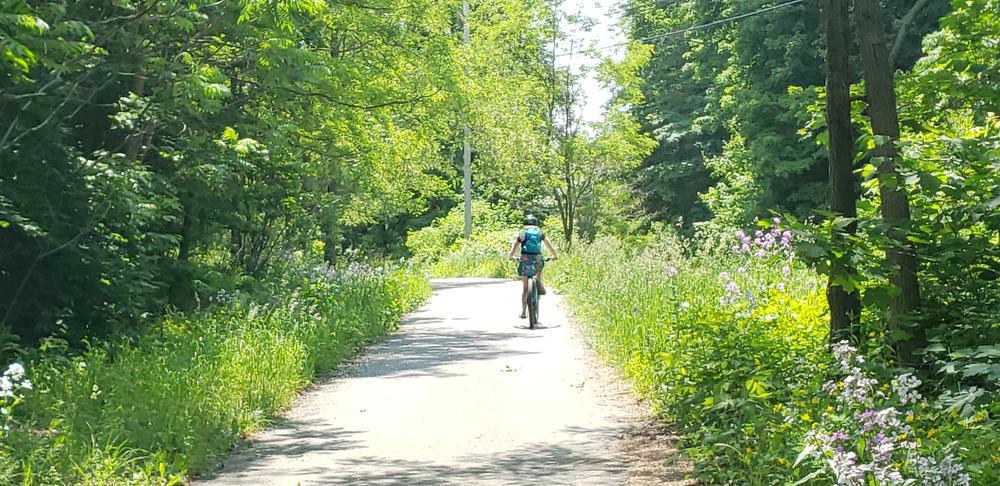 cyclist with backpack and flower lined trail just south of Hallowell (Credit: Silvia Cassano)