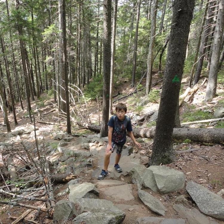 A hiker climbing a rock staircase