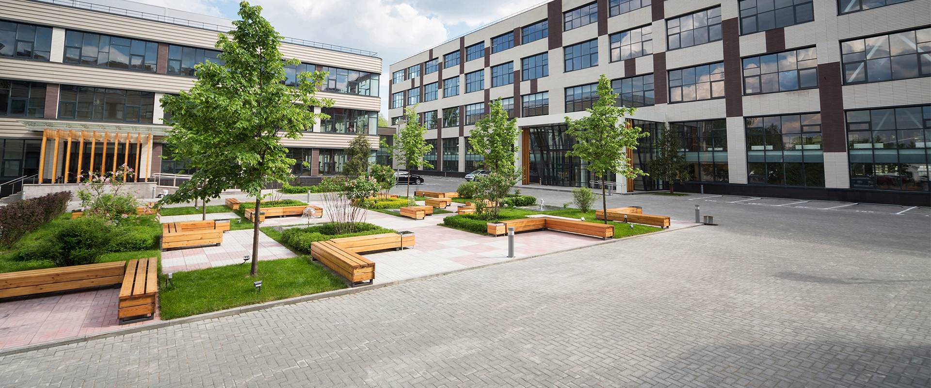 a courtyard of a commercial building