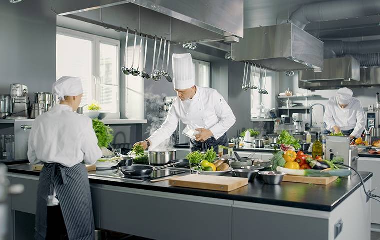 chefs cooking in a commercial kitchen