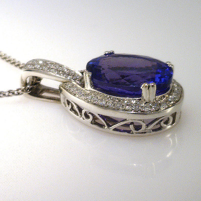 Fine Tanzanite Gem with Diamond Surround ~ 14KW Pendant