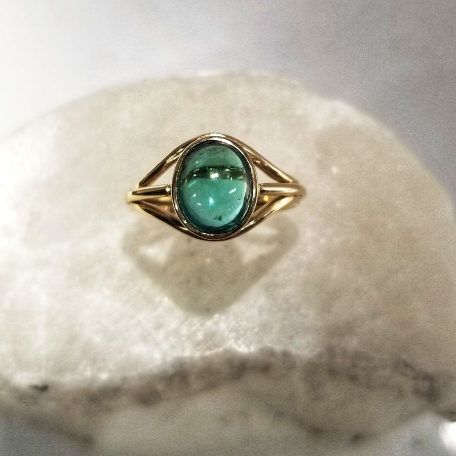 Green Tourmaline Cabochon Ring - Mainestone Jewelry - Farmington, Maine