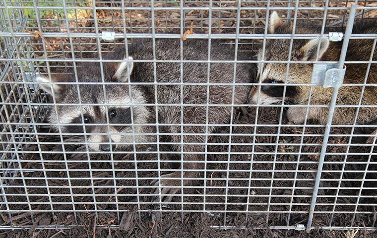 two raccoons trapped in a cage