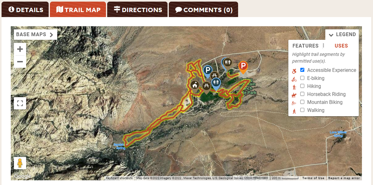 A screenshot shows a map of accessible trails and how to highlight the trail
