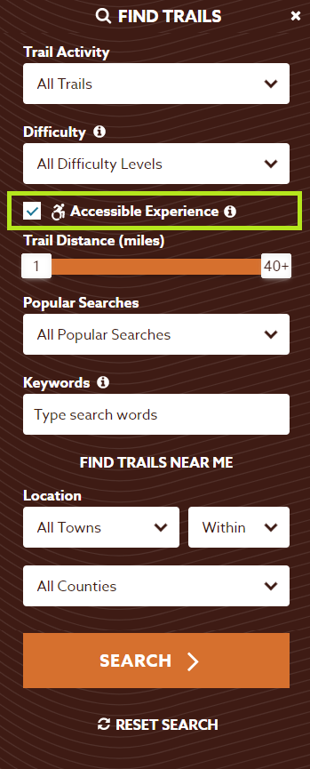 An light green box indicates where on the Find Trails page there is a checkbox for accessibility