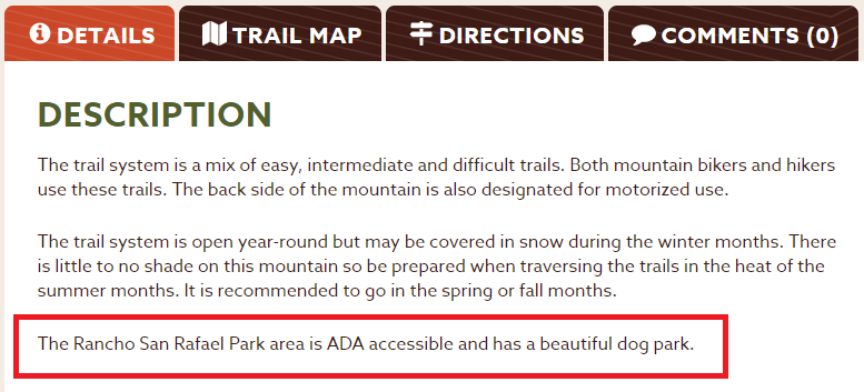 A red box encompasses the part of the Trail Finder page that describes the trails
