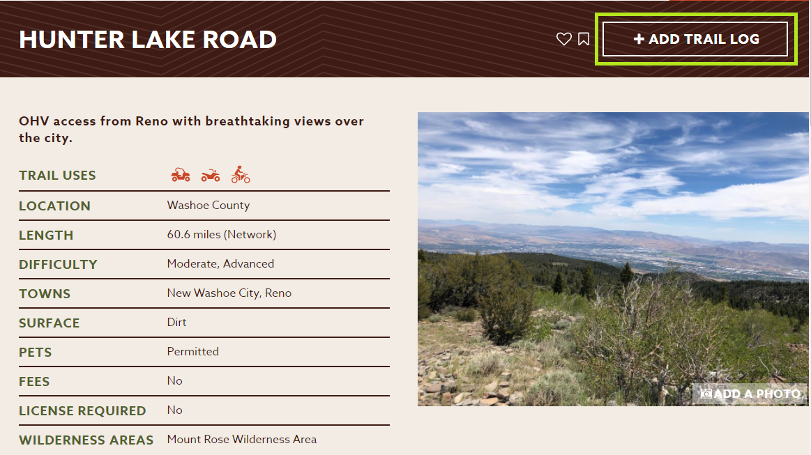 To add a trail log from an inner trail page, click on "+ Trail Log" in the brown banner at the top of the screen.