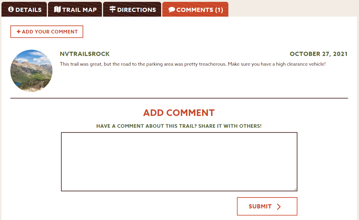 The Comments tab allows you to give tips to future trail users.