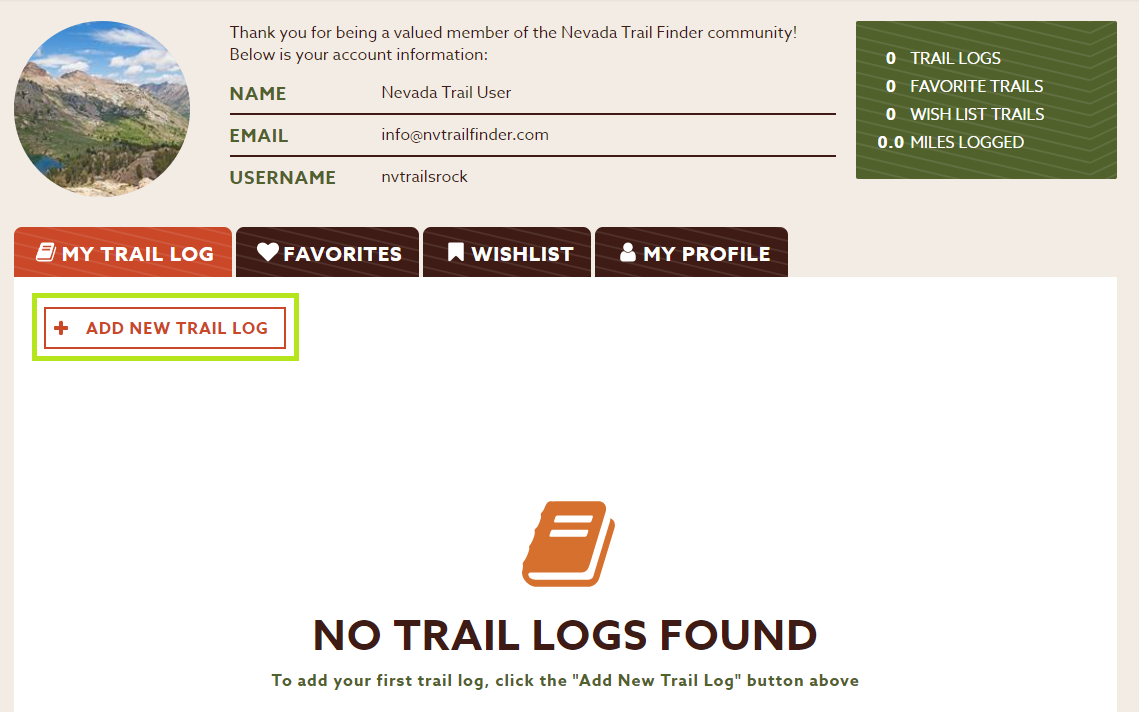To add a trail log from the My Account page, click on the "My Trail Log" tab then click "+ Add New Trail Log."