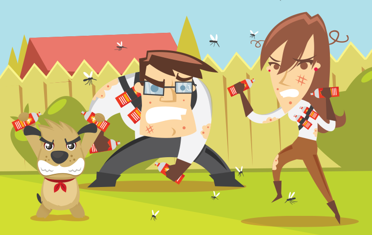 cartoon of people fighting mosquitoes
