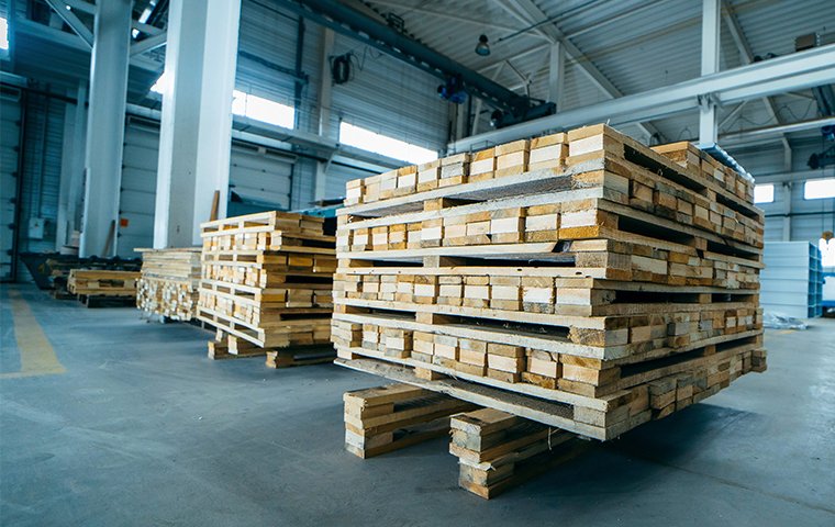 pallets stacked in a warehouse