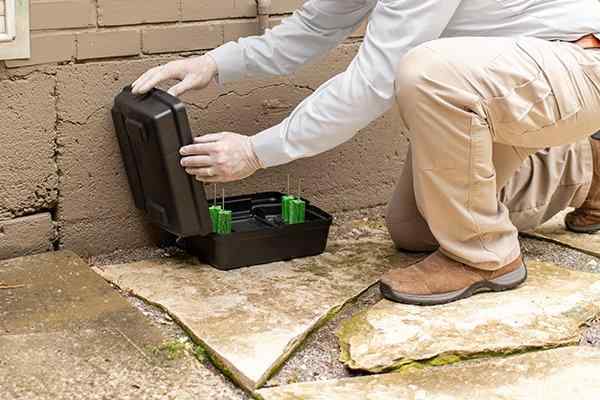 modern pest control tech inspecting a rodent station