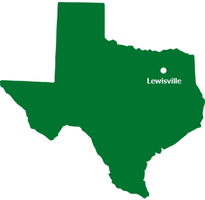 where we service graphic of texas with a dot showing lewisville