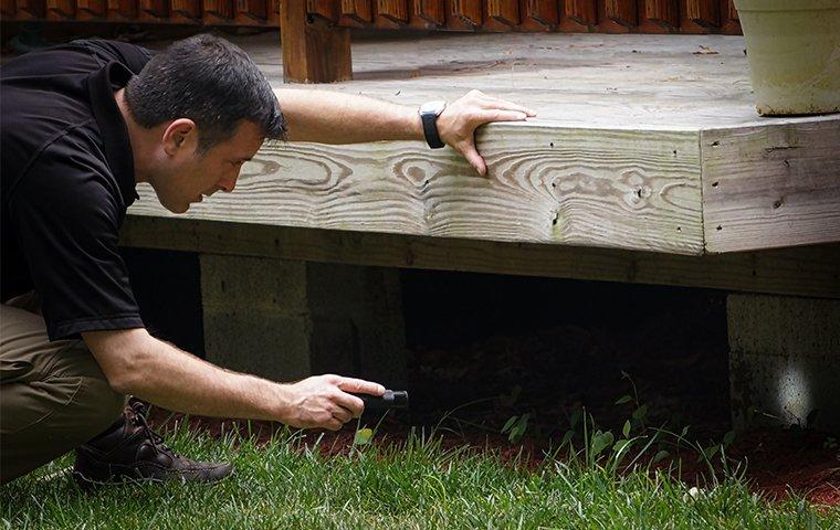 a tech doing an inspection under a deck