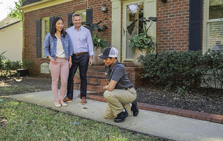 a tech talking with a couple outside their home