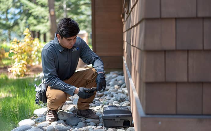 Keep Rodents Out Of Your Home With Prosite a prosite pest control service expert setting up a rodent control station outside of a home in central washington