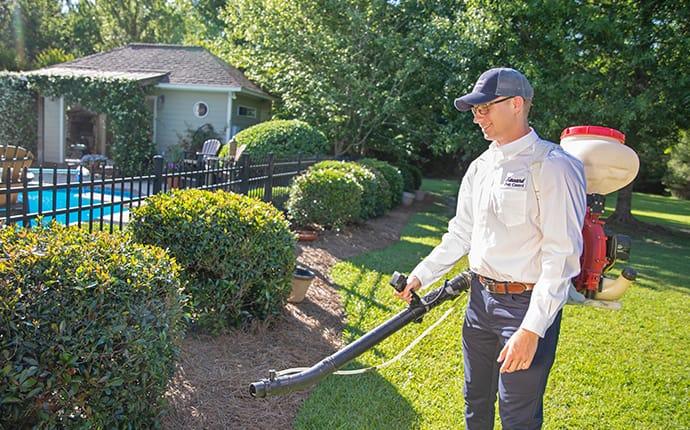 a professional pest control technician from havard pest control is servicing and treating a mississippi property for mosquito control