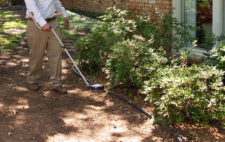 tech inspecting the perimeter of home for termites