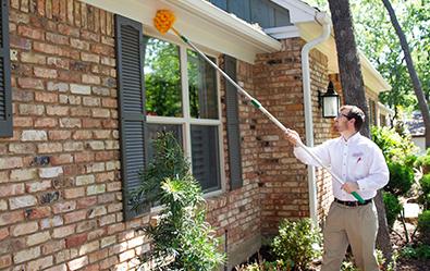 pest control tech performing exterior dewebbing treatment