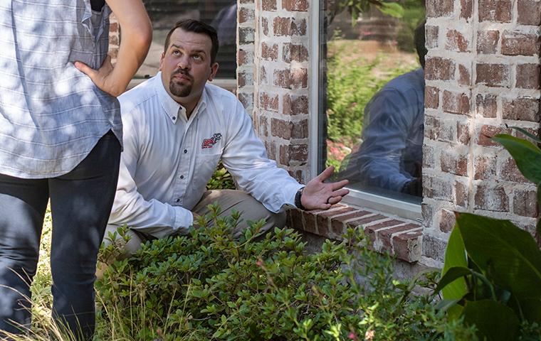 adams tech and homeowner inspecting for termite sign