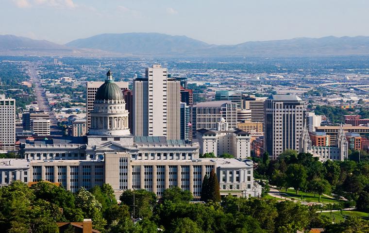 skyline view of Salt Lake city with mountain backdrop