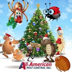 a cartoon of a bunch of pests around a christmas tree
