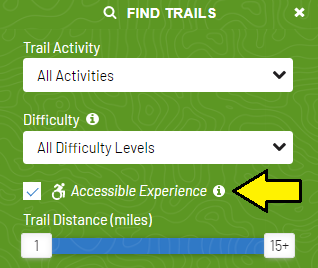 An arrow indicates where on the Find Trails page there is a checkbox for accessibility