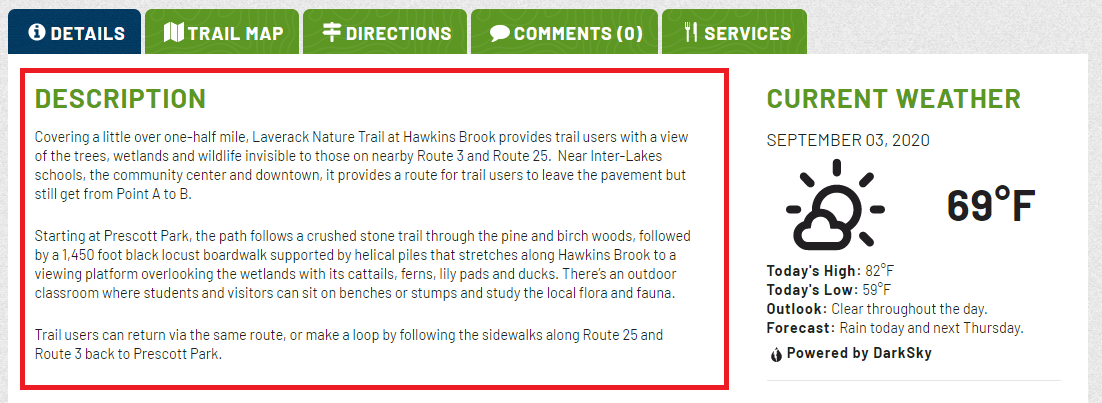 A red box encompasses the part of the Trail Finder page that describes the trails
