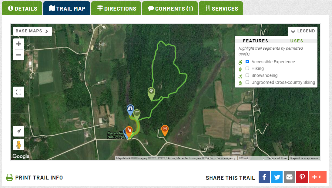 A screenshot shows a map of accessible trails and how to highlight the trail