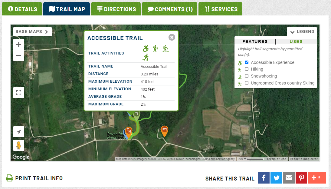 A screenshot shows a map of trails and a pop up that describes the trail