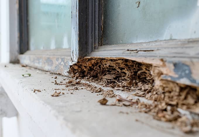 carpenter ant damage on a window frame on ny house
