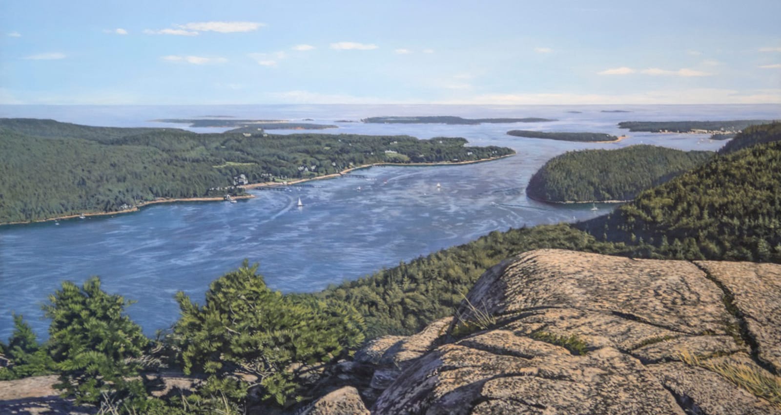 painting of northeast harbor from the top of acadia mountain in maine