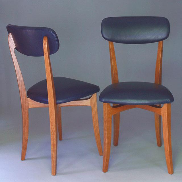 Cherry Dining Chairs, Cherry with Prussian blue leather upholstery