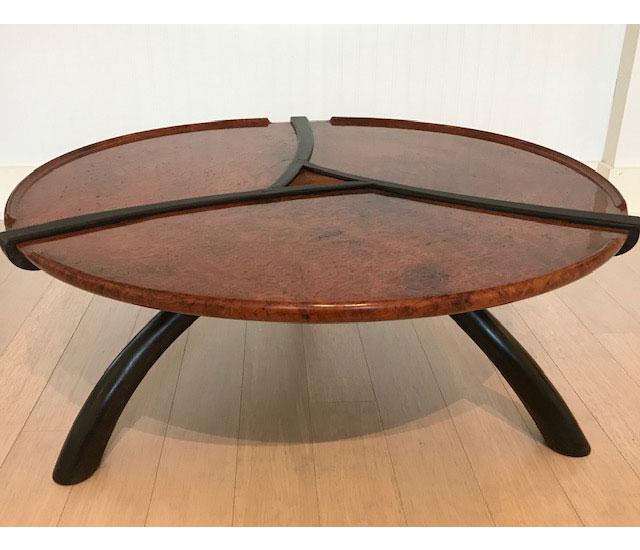 Redwood burl coffee table, 16”h  x  40”diameter
