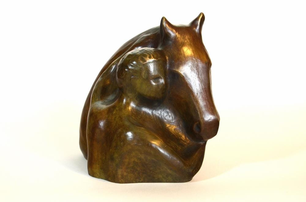 sculpture of human hugging horses neck, Trust