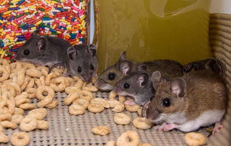 a family of house mice invading the cupboards of a mondesto kitchen