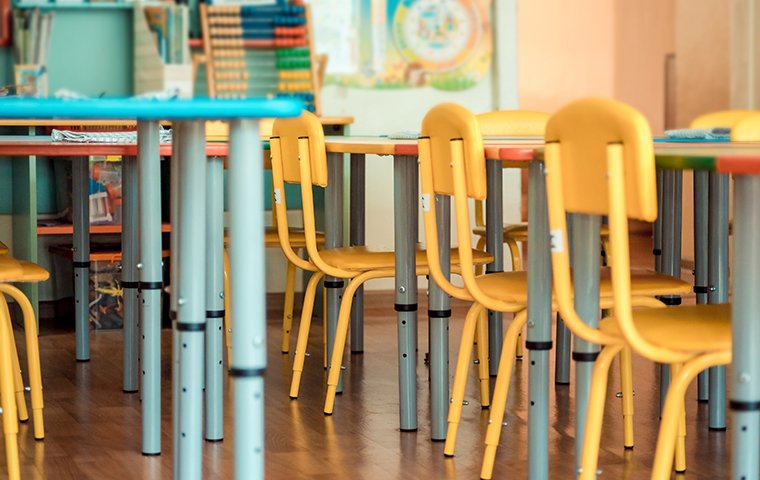 chairs and desk in a classroom